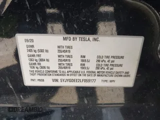 2020 Tesla Model Y Long Range with VIN 5YJYGDEE2LF059177, listed as a IAAI auction lot 41916260 with 66,190 mi miles and . Bid and sale history available at DreamBid. Image 9.