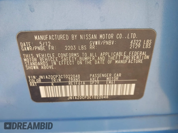 2012 Nissan LEAF SL with VIN JN1AZ0CP3CT022048, listed as a IAAI auction lot 42177290 with 49,194 mi miles and . Bid and sale history available at DreamBid. Image 9.