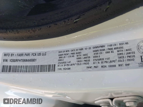 2022 Ram 1500 Limited z VIN 1C6SRFHT6NN446901, wystawiony jako IAAI lot #42042634 z przebiegiem 46 809 mil mil oraz . Historia ofert i sprzedaży dostępna na DreamBid. Obrazek 9.