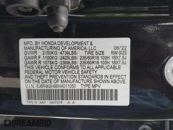 2022 Honda CR-V EX z VIN 5J6RW2H56NA011050, wystawiony jako IAAI lot #41906676 z przebiegiem 60 356 mil mil oraz . Historia ofert i sprzedaży dostępna na DreamBid. Obrazek 9.
