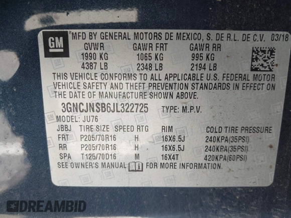 2018 Chevrolet Trax LS with VIN 3GNCJNSB6JL322725, listed as a IAAI auction lot 41890983 with 80,358 mi miles and . Bid and sale history available at carsss.com. Image 9.