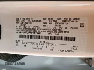 2023 Ford F-150 XL с VIN 1FTEW1CPXPKF70427, выставлен на аукционе Copart как лот 59579585 с пробегом 23 217 миль миль и Списание • Salvage title. История ставок и продаж доступна на DreamBid. Изображение 12.