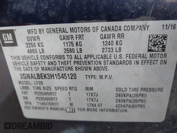 2017 Chevrolet Equinox LS with VIN 2GNALBEK3H1545120, listed as a IAAI auction lot 42132802 with 449,913 mi miles. Bid and sale history available at carsss.com. Image 9.