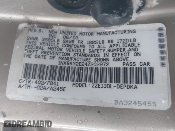 2004 Toyota Corolla CE with VIN 1NXBR32E24Z202972, listed as a IAAI auction lot 41210085 with 210,250 mi miles and . Bid and sale history available at DreamBid. Image 9.