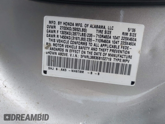 2006 Honda Odyssey TOURING with VIN 5FNRL38836B102719, listed as a IAAI auction lot 42170294 with 180,956 mi miles. Bid and sale history available at carsss.com. Image 9.