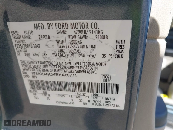 2011 Ford Escape Hybrid с VIN 1FMCU4K34BKA60771, выставлен на аукционе IAAI как лот 42283654 с пробегом 158 570 миль миль и . История ставок и продаж доступна на DreamBid. Изображение 9.