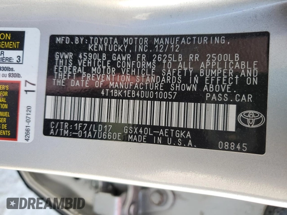 2013 Toyota Avalon XLE with VIN 4T1BK1EB4DU010057, listed as a Copart auction lot 50637065 with 64,265 mi miles and Salvage Title. Bid and sale history available at DreamBid. Image 12.