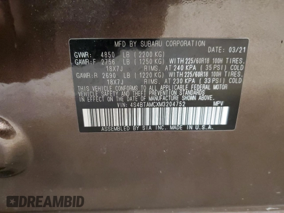 2021 Subaru Outback Limited с VIN 4S4BTAMCXM3204752, выставлен на аукционе Copart как лот 55484405 с пробегом 42 460 миль миль и Списание • Salvage title. История ставок и продаж доступна на DreamBid. Изображение 13.
