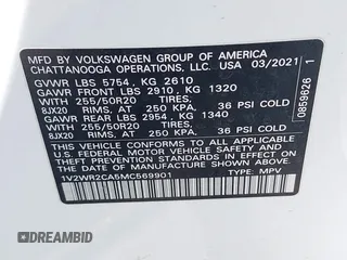 2021 Volkswagen Atlas SE с VIN 1V2WR2CA5MC569901, выставлен на аукционе IAAI как лот 42397774 с пробегом 75 802 миль миль и . История ставок и продаж доступна на DreamBid. Изображение 9.