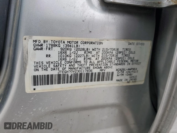2003 Toyota RAV4 with VIN JTEGH20V230117836, listed as a Copart auction lot 45904105 with 151,243 mi miles and Salvage Title. Bid and sale history available at DreamBid. Image 15.