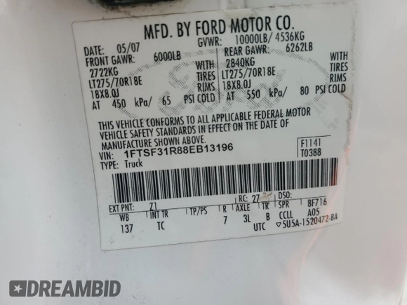 2008 Ford F-350 with VIN 1FTSF31R88EB13196, listed as a Copart auction lot 63586275 with 192,311 mi miles and Clean title. Bid and sale history available at DreamBid. Image 12.