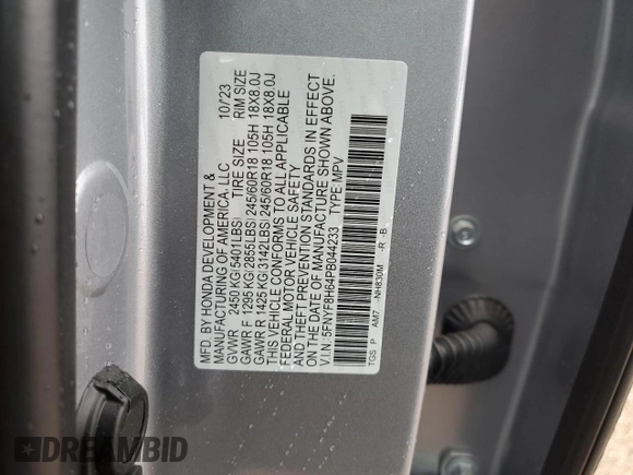 2023 Honda Passport TrailSport with VIN 5FNYF8H64PB044233, listed as a Copart auction lot 53522015 with 10,458 mi miles and Salvage title. Bid and sale history available at DreamBid. Image 12.