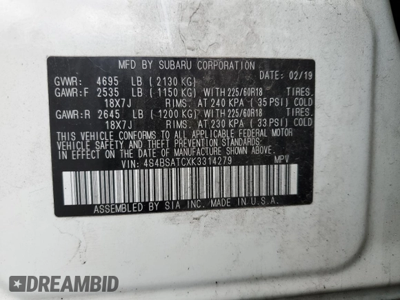 2019 Subaru Outback Touring z VIN 4S4BSATCXK3314279, wystawiony jako Copart lot #56398635 z przebiegiem 33 670 mil mil oraz Szkoda całkowita • Salvage title. Historia ofert i sprzedaży dostępna na DreamBid. Obrazek 13.