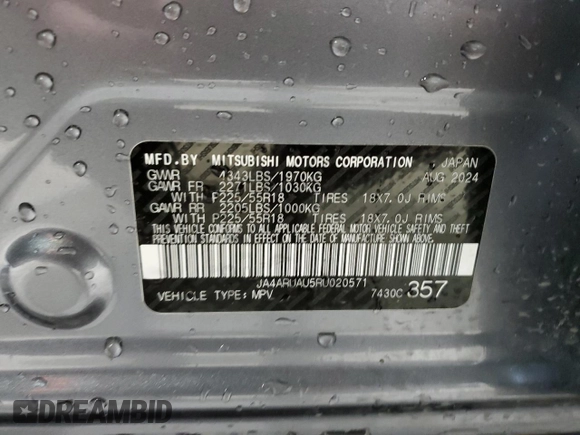 2024 Mitsubishi Outlander S z VIN JA4ARUAU5RU020571, wystawiony jako Copart lot #51096995 z przebiegiem 1 491 mil mil oraz Czysty tytuł • Clean title. Historia ofert i sprzedaży dostępna na DreamBid. Obrazek 13.