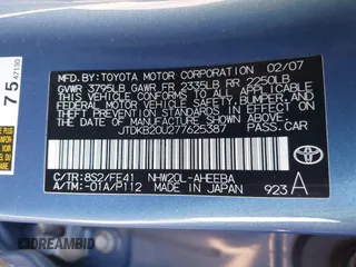 2007 Toyota Prius with VIN JTDKB20U277625387, listed as a IAAI auction lot 42608849 with 209,353 mi miles and . Bid and sale history available at DreamBid. Image 9.