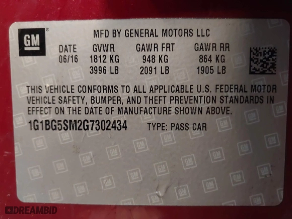 2016 Chevrolet Cruze Premier with VIN 1G1BG5SM2G7302434, listed as a IAAI auction lot 41619114 with 115,684 mi miles. Bid and sale history available at carsss.com. Image 9.
