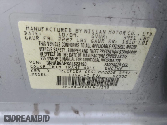 2010 Nissan Sentra SR with VIN 3N1AB6APXAL623193, listed as a Copart auction lot 52411315 with 67,548 mi miles and Salvage Title. Bid and sale history available at DreamBid. Image 13.