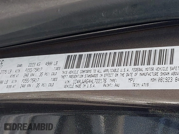 2017 Jeep Wrangler Sport with VIN 1C4AJWAG4HL722176, listed as a IAAI auction lot 41699752 with 72,491 mi miles and . Bid and sale history available at DreamBid. Image 9.