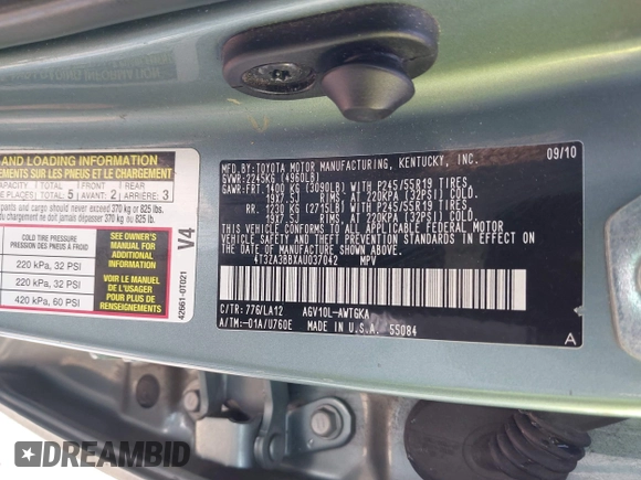 2010 Toyota Venza with VIN 4T3ZA3BBXAU037042, listed as a IAAI auction lot 41913264 with 194,847 mi miles. Bid and sale history available at carsss.com. Image 9.