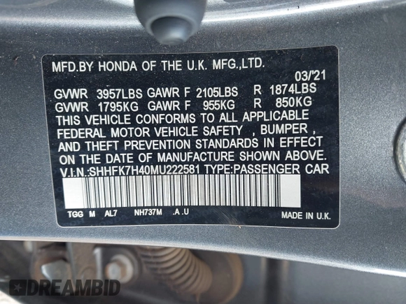 2021 Honda Civic Sport with VIN SHHFK7H40MU222581, listed as a IAAI auction lot 41451121 with 28,372 mi miles and . Bid and sale history available at DreamBid. Image 9.