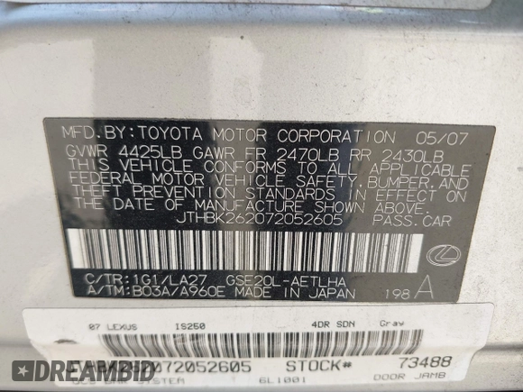 2007 Lexus IS 250 with VIN JTHBK262072052605, listed as a IAAI auction lot 42436878 with 255,906 mi miles and . Bid and sale history available at DreamBid. Image 9.