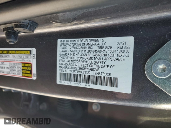 2021 Honda Ridgeline RTL-E с VIN 5FPYK3F74MB023122, выставлен на аукционе Copart как лот 41508155 с пробегом 90 647 миль миль и Списание • Salvage title. История ставок и продаж доступна на DreamBid. Изображение 12.