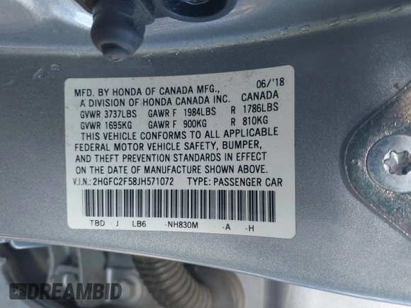 2018 Honda Civic LX with VIN 2HGFC2F58JH571072, listed as a IAAI auction lot 41684450 with 66,032 mi miles and . Bid and sale history available at carsss.com. Image 9.