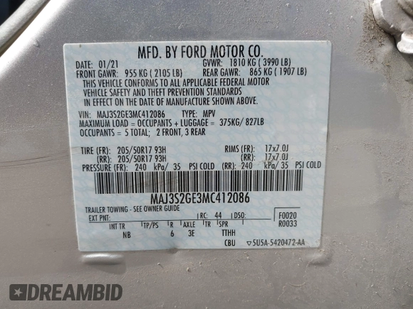 2021 Ford EcoSport SE with VIN MAJ3S2GE3MC412086, listed as a IAAI auction lot 42399957 with 38,628 mi miles and . Bid and sale history available at DreamBid. Image 9.