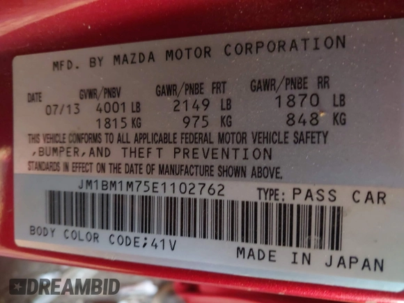 2014 Mazda 3 i Grand Touring with VIN JM1BM1M75E1102762, listed as a IAAI auction lot 41153455 with 179,739 mi miles and . Bid and sale history available at DreamBid. Image 9.