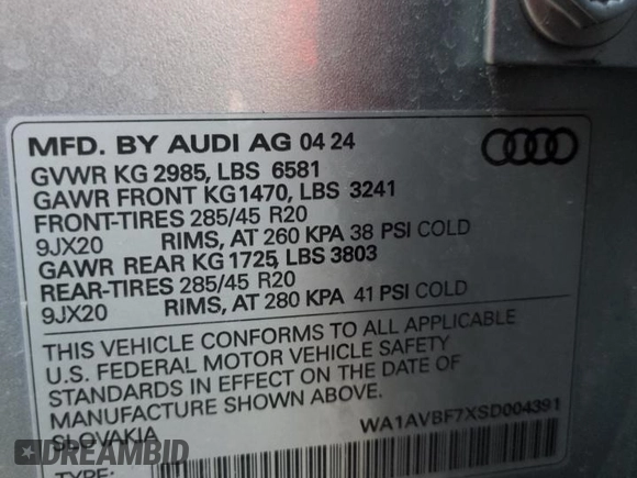 2025 Audi Q7 with VIN WA1AVBF7XSD004391, listed as a Copart auction lot 77033584 with 1,313 mi miles and Non repairable. Bid and sale history available at DreamBid. Image 14.