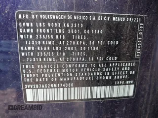 2022 Volkswagen Tiguan SE z VIN 3VV2B7AX2NM174360, wystawiony jako IAAI lot #42535724 z przebiegiem 34 723 mil mil oraz . Historia ofert i sprzedaży dostępna na DreamBid. Obrazek 9.