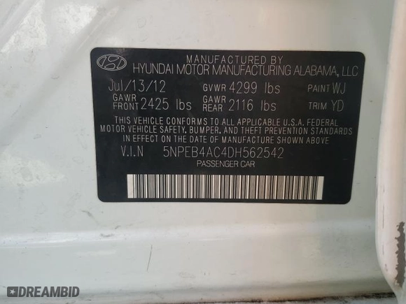 2013 Hyundai Sonata GLS with VIN 5NPEB4AC4DH562542, listed as a Copart auction lot 52831035 with 183,870 mi miles and Clean Title. Bid and sale history available at carsss.com. Image 12.