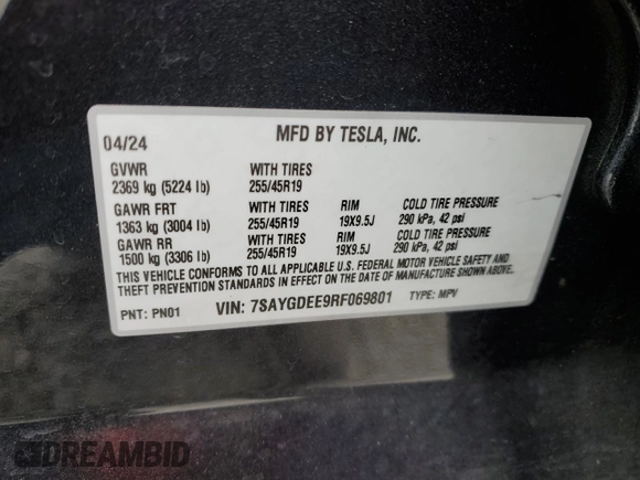 2024 Tesla Model Y Long Range with VIN 7SAYGDEE9RF069801, listed as a Copart auction lot 60857145 with 18,808 mi miles and Salvage title. Bid and sale history available at DreamBid. Image 14.