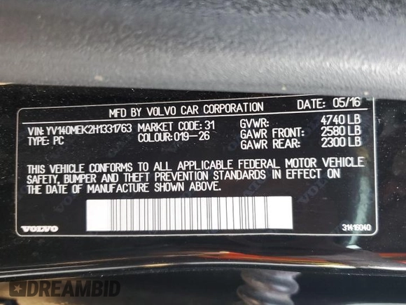 2017 Volvo V60 Premier with VIN YV140MEK2H1331763, listed as a Copart auction lot 77954904 with 0 mi miles and Salvage Title. Bid and sale history available at carsss.com. Image 13.