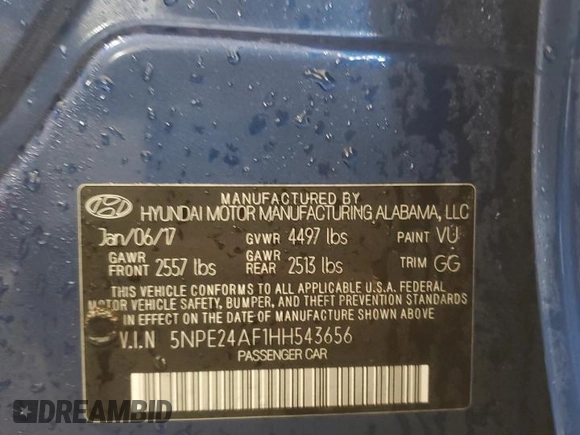 2017 Hyundai Sonata SE with VIN 5NPE24AF1HH543656, listed as a Copart auction lot 45028785 with 87,274 mi miles and Salvage Title. Bid and sale history available at carsss.com. Image 14.