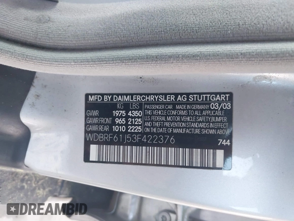 2003 Mercedes-Benz C 240 с VIN WDBRF61J53F422376, выставлен на аукционе IAAI как лот 42262562 с пробегом 167 003 миль миль и . История ставок и продаж доступна на DreamBid. Изображение 9.