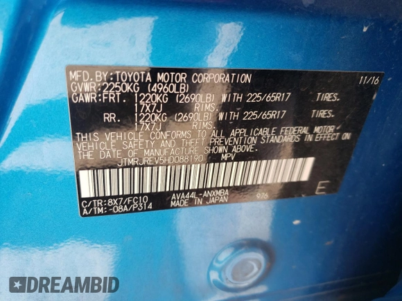 2017 Toyota RAV4 Hybrid XLE with VIN JTMRJREV5HD088190, listed as a Copart auction lot 71149792 with 153,450 mi miles. Bid and sale history available at carsss.com. Image 13.