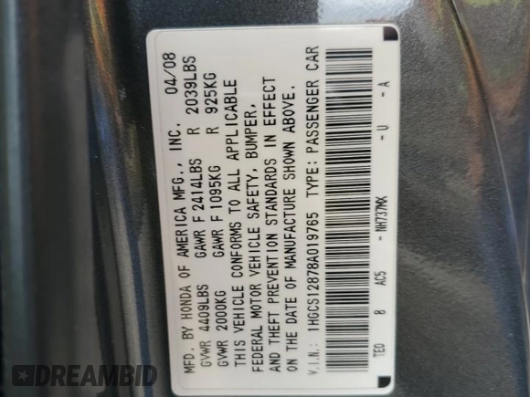 2008 Honda Accord EX-L z VIN 1HGCS12878A019765, wystawiony jako Copart lot #57527315 z przebiegiem 38 323 mil mil oraz Szkoda całkowita • Salvage title. Historia ofert i sprzedaży dostępna na DreamBid. Obrazek 12.