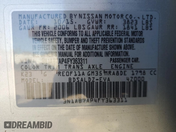 2015 Nissan Sentra SR with VIN 3N1AB7AP4FY363311, listed as a Copart auction lot 55353185 with 104,264 mi miles and Clean Title. Bid and sale history available at DreamBid. Image 12.