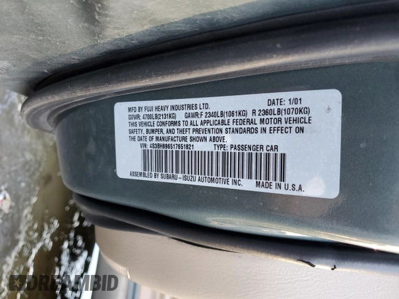 2001 Subaru Legacy Outback VDC with VIN 4S3BH896517651821, listed as a Copart auction lot 79705664 with 203,619 mi miles and Salvage title. Bid and sale history available at DreamBid. Image 12.