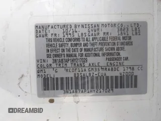 2017 Nissan Sentra S with VIN 3N1AB7AP1HY217029, listed as a IAAI auction lot 41967423 with 74,709 mi miles and . Bid and sale history available at DreamBid. Image 9.