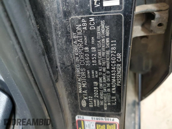 2012 Kia Rio LX with VIN KNADM4A34C6072811, listed as a Copart auction lot 68295334 with 77,167 mi miles and Salvage Title. Bid and sale history available at DreamBid. Image 12.