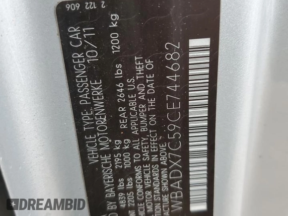 2012 BMW 3 Series 335i with VIN WBADX7C59CE744682, listed as a Copart auction lot 74878334 with Not provided miles and Salvage title. Bid and sale history available at DreamBid. Image 13.