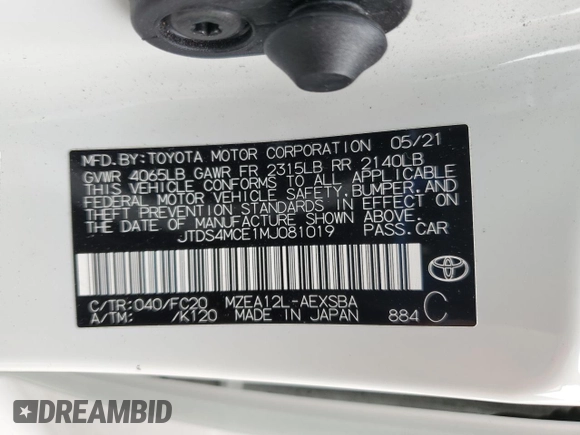 2021 Toyota Corolla SE with VIN JTDS4MCE1MJ081019, listed as a Copart auction lot 54340655 with 26,882 mi miles and Salvage Title. Bid and sale history available at carsss.com. Image 13.