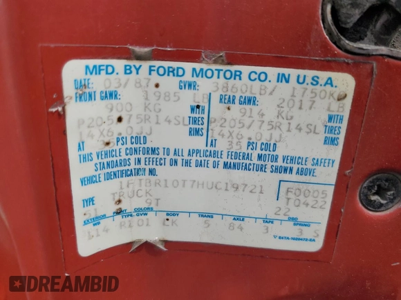 1987 Ford Ranger with VIN 1FTBR10T7HUC19721, listed as a Copart auction lot 83959854 with 33,497 mi miles and Salvage Title. Bid and sale history available at DreamBid. Image 13.
