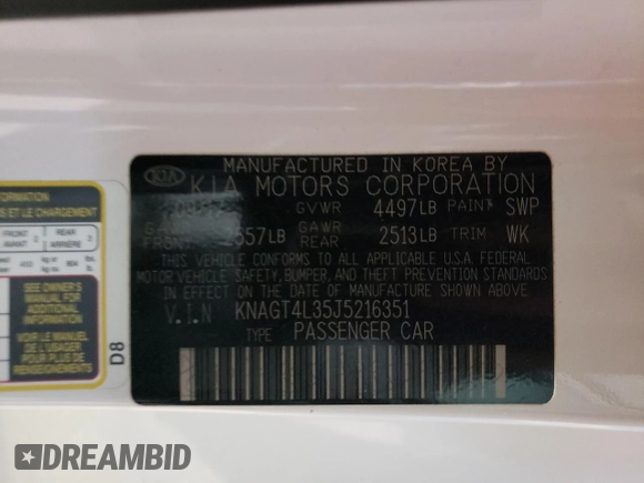 2018 Kia Optima LX with VIN KNAGT4L35J5216351, listed as a Copart auction lot 50174385 with 50,774 mi miles and Salvage Title. Bid and sale history available at DreamBid. Image 14.