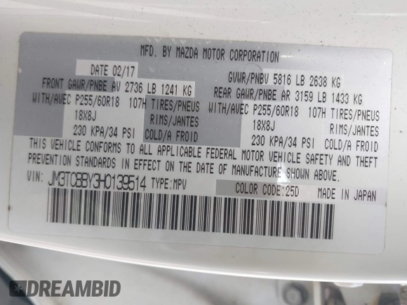 2017 Mazda CX-9 Sport with VIN JM3TCBBY3H0139514, listed as a IAAI auction lot 42082162 with 54,077 mi miles and . Bid and sale history available at DreamBid. Image 9.