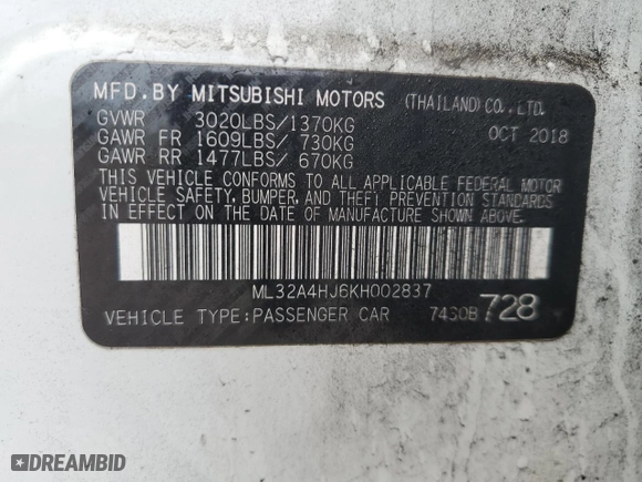2019 Mitsubishi Mirage SE with VIN ML32A4HJ6KH002837, listed as a Copart auction lot 42940395 with 80,795 mi miles and Non Repairable. Bid and sale history available at carsss.com. Image 12.