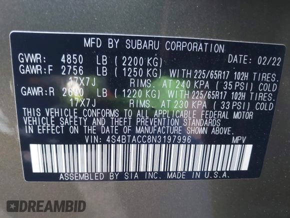 2022 Subaru Outback Premium с VIN 4S4BTACC8N3197996, выставлен на аукционе IAAI как лот 42386055 с пробегом 52 724 миль миль и . История ставок и продаж доступна на DreamBid. Изображение 9.
