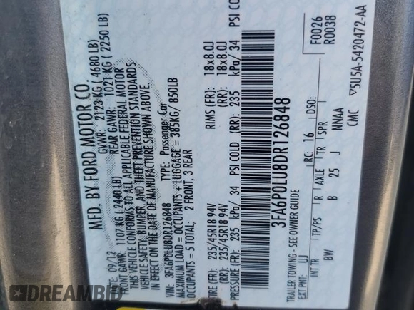 2013 Ford Fusion SE Hybrid with VIN 3FA6P0LU8DR126848, listed as a Copart auction lot 61544925 with 237,115 mi miles and Salvage title. Bid and sale history available at DreamBid. Image 12.